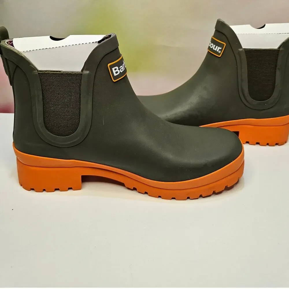 Barbour Olive Green and Orange Chelsea Rain Boots - Picture 3 of 9